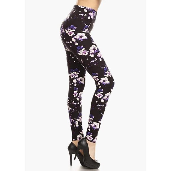 Purple‎ & Black Floral Flower Blossom Printed Leggings Tights - Picture 2 of 5